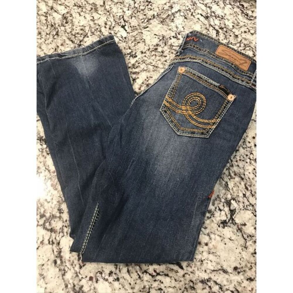 Seven 7 Womens Bootcut Jeans Blue Medium Wash Low Rise Embroidered Sz 6P 30 x 30